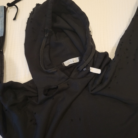 CAARA Distressed Denim and Black Sweatshirt with Zipper Accents - Picture 4 of 9